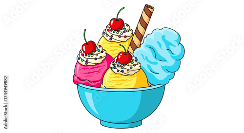 Colorful Ice Cream Sundae with Cherries and Wafer.