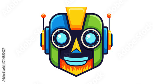 Colorful Robot Head Icon with Antennae and Glowing Eyes.