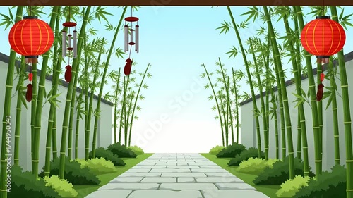 Serene Asian garden illustration with a stone pathway lined by green bamboo, traditional red lanterns, and hanging wind chimes