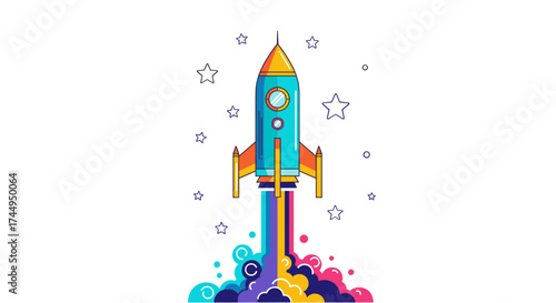 Colorful Rocket Launching into Space with Stars and Smoke Trails.