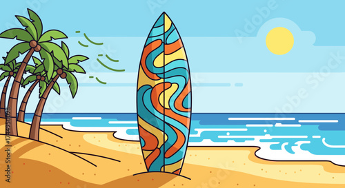 Colorful surfboard standing on a sandy beach with palm trees and ocean waves.