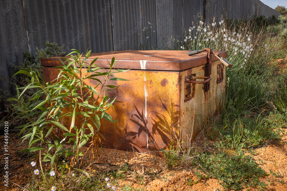 Naklejka premium A metal storage box from bygone days lies amongst the weeds next to a modern fence as an historical reminder of the past at Silverton, an ex-mining town near Broken Hill in New South Wales, Australia.