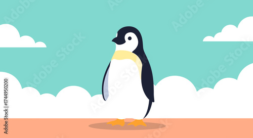 Cute cartoon penguin standing in a simple landscape.