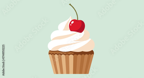 Delicious Cupcake with Cherry Topping on Light Green Background.