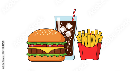 Delicious fast food combo burger fries and soda.