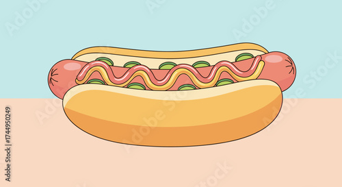 Delicious Hot Dog with Ketchup and Relish on a Bun.
