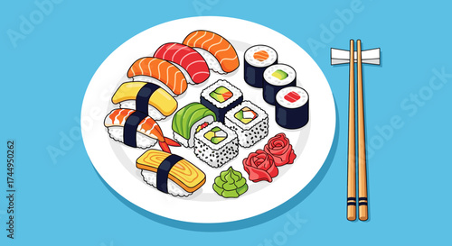 Delicious Japanese Sushi Platter with Chopsticks Illustration.