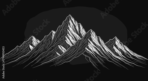 Dramatic Black and White Mountain Range Illustration with Dark Sky.