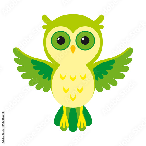 A pixel art owl with green eyes and yellow feathers flies gracefully