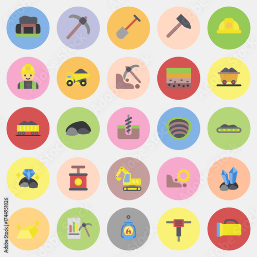 Icon set of mining. Gold mining elements. Icon in color mate style.