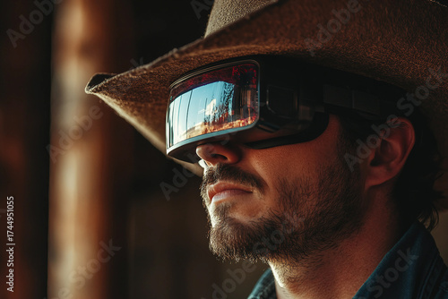 Modern Futuristic Cowboy Wearing High Tech Goggles and Rugged Outfit with Desert Weapon Gear in Wild West Generative AI