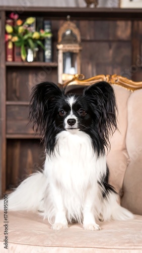 Papillon dog portrait on a beige couch
