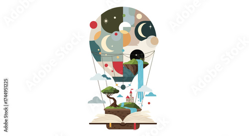 Hot Air Balloon with Floating Island and Open Book.
