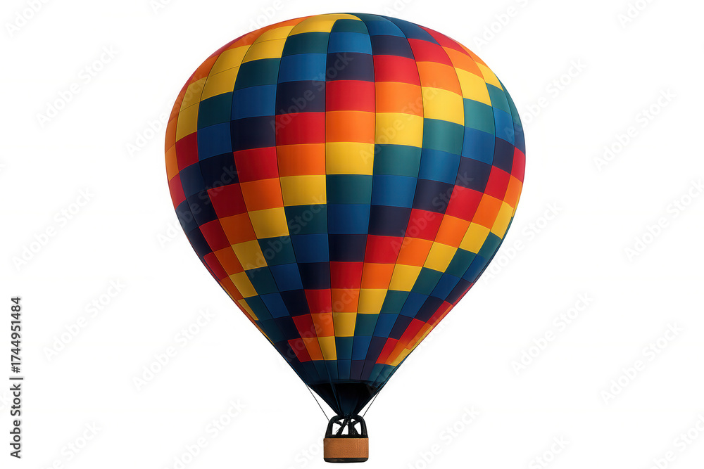 Fototapeta premium Hot air balloon flying, showing colorful checkered pattern, travel and adventure concept on transparent background