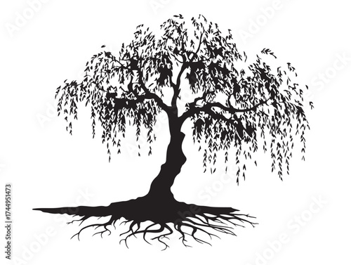 Creative Willow Tree With Roots 2D Vector Line Art Riverbank Silhouette Design