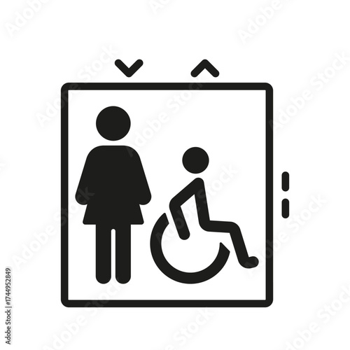 Elevator With Female And Wheelchair User Solid Icon. Accessibility And Inclusivity In Public Spaces Silhouette Symbol. Universal Design And Mobility Support. Isolated Vector Illustration