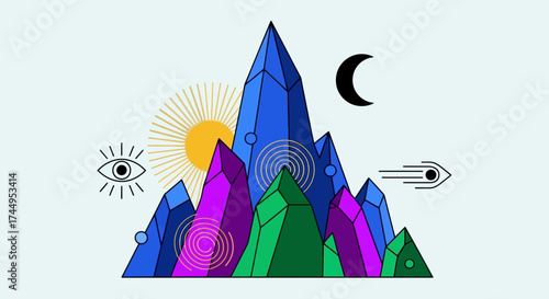 Mystical Crystal Mountain with Celestial Symbols - Sun, Moon, and Eyes.