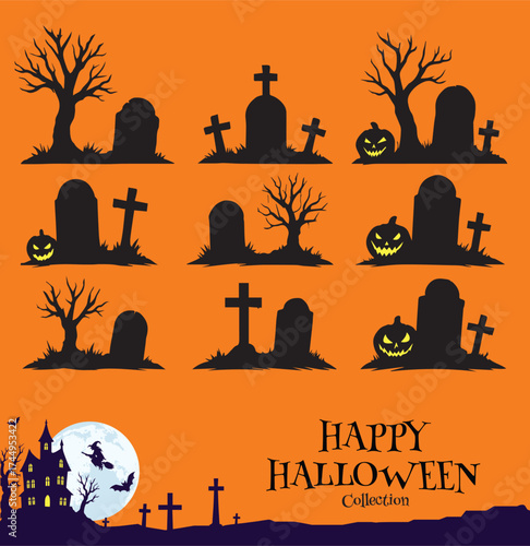 Spooky Halloween Graveyard Silhouette Vector Set