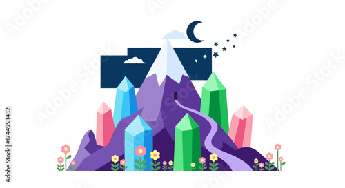Mystical Mountain Landscape with Colorful Crystals and Night Sky.