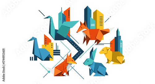 Origami Animals and City Buildings Geometric Design.