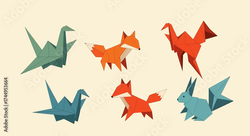 Origami animals collection featuring cranes foxes and a rabbit.