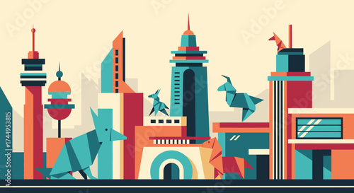Origami animals on modern city buildings.