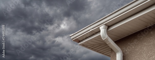 The Gutter and Downspout on a House Corner Under Dramatic Storm Clouds