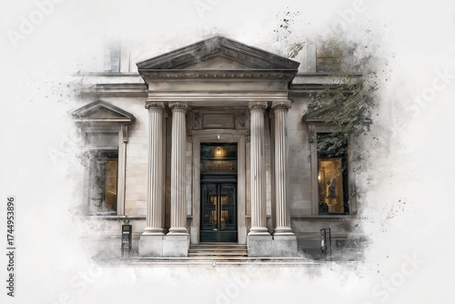 Exterior of bank. Classis building against white background. Watercolor digital art