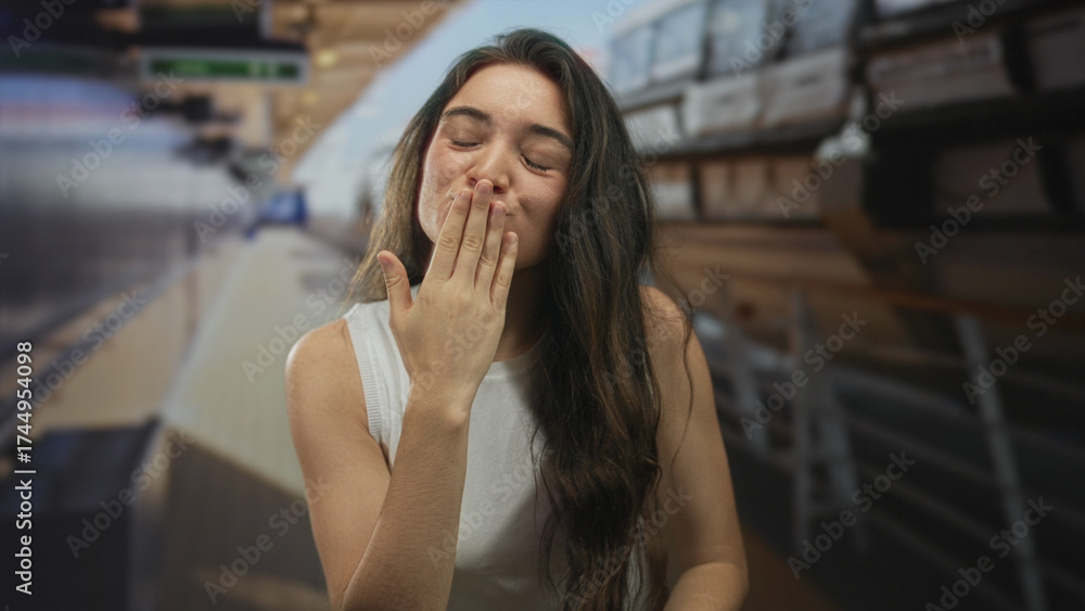 Fototapeta premium Woman in white tank top blowing kiss with hand at lips on sunlit boat deck at sea with long hair flowing in breeze; affection.