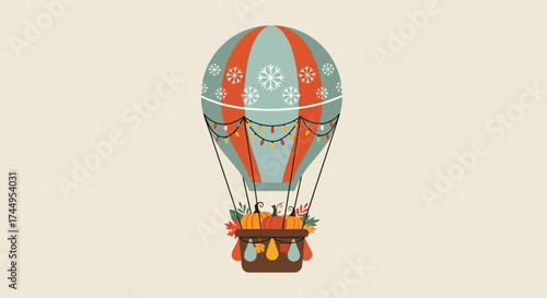 Ornate vintage hot air balloon with floral basket illustration.