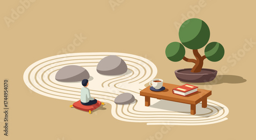 Person Meditating in a Zen Garden with Bonsai Tree and Rocks.