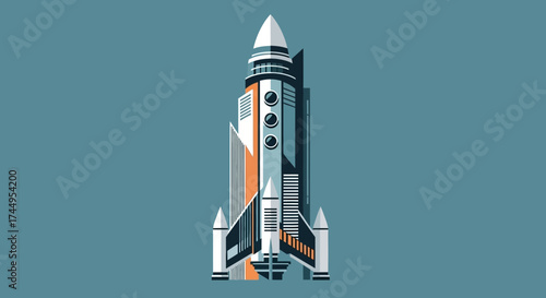 Retro Futuristic Rocket Ship Launching into Space.