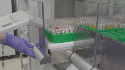 doctor puts test tubes with samples in drawer