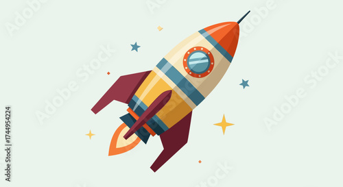 Retro Rocket Ship Launching into Space with Stars.