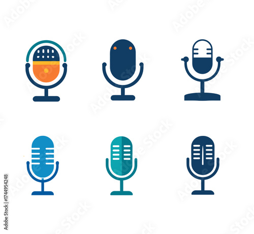 A collection of six stylized, flat design icons representing different types of microphones represent podcast 