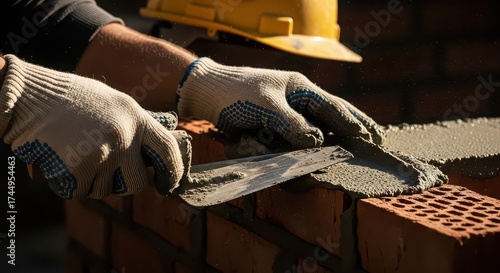 Professional bricklayer carefully applying mortar with a trowel to lay bricks for a new wall at a construction site