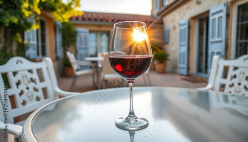 a table on the outdoor terrace of a Provencal house, on the table there is a large glass of cabernet wine, the rays of the sun penetrate through the wine, the overall picture of peace and buzz