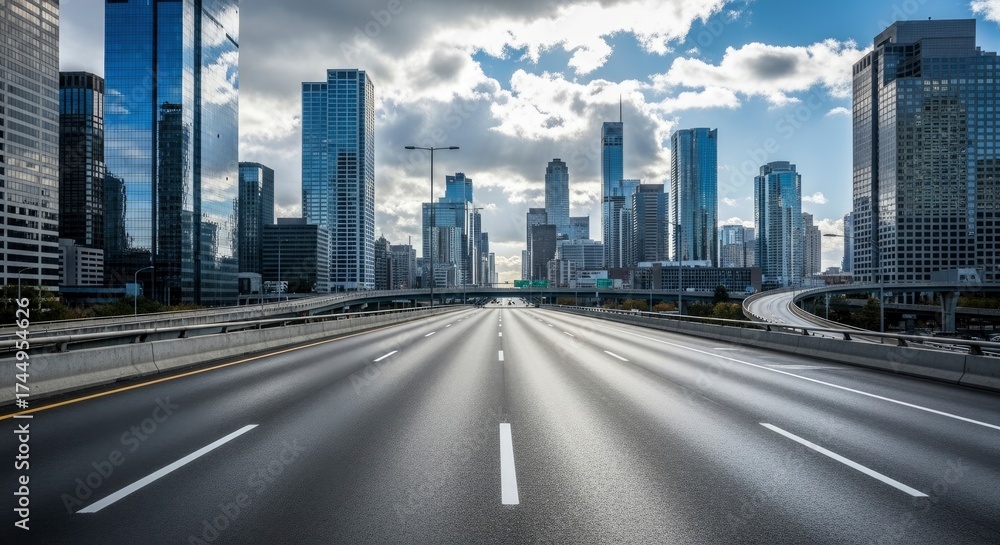 Fototapeta premium Modern City Skyline with Empty Highway Leading to Urban Business District