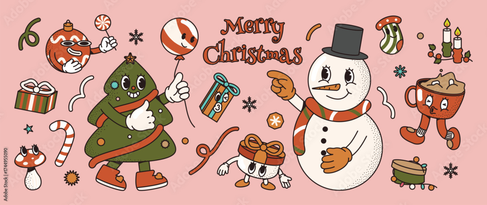 Fototapeta premium Christmas cartoon vector with retro funny snowman, tree, gift, cocoa, ornament and festive holiday decoration illustration