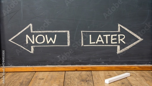 Chalkboard with Now and Later Hand Drawn Arrows Displaying Choice