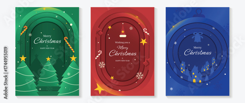 Christmas greeting card vector with festive tree, star, candy cane, winter village and holiday decoration illustration.
