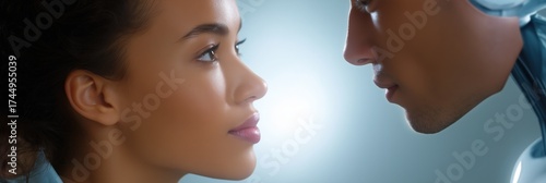 Young caucasian female face to face with futuristic humanlike robot