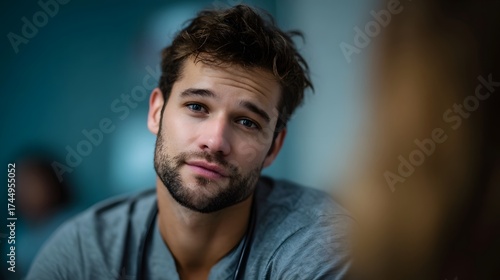 Young man with a thoughtful and worried expression softly lit indoor setting