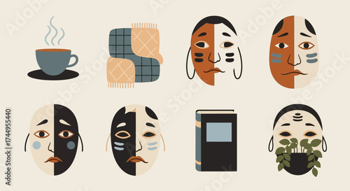 Set of Abstract Illustrations with Dualistic Faces and Comfort Objects.