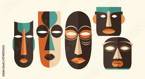 Set of Five Geometric African Ritual Masks Illustration.