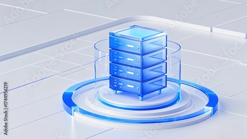 A 3D server modeling icon with a blue and white color scheme, transparent frosted glass material, representing data storage