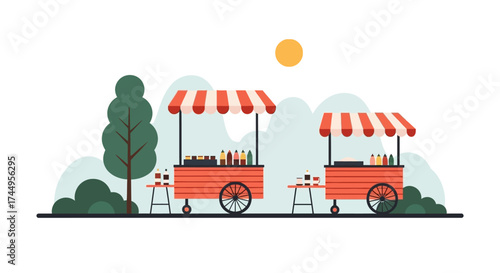 Street food carts with striped awnings selling drinks and snacks.