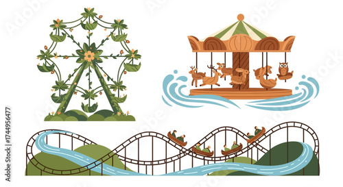 Stylized Amusement Park Rides Collection with Water Elements.