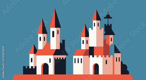 Stylized Flat Vector Illustration of Two Fairytale Castles.