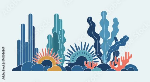 Stylized flat vector illustration of a vibrant coral reef.